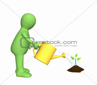 3d puppet watering a small plant