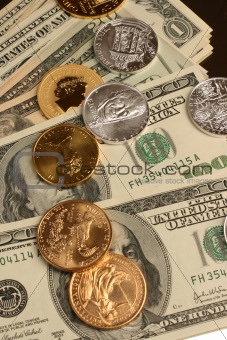 Gold and silver coins and paper currency