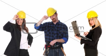 two businesswoman and construction worker 