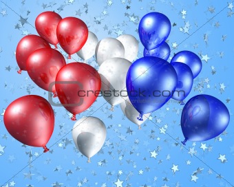 Red, white and blue balloons on a starry background
