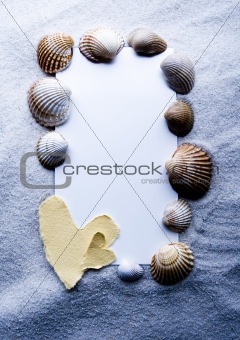 Shell, sand & sheet of paper