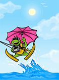vector travel frog moving on wave with umbrella