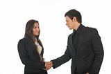 Young businesswoman and businessman shaking hands