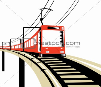 Electric train traveling over viaduct