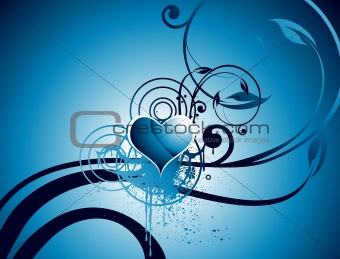 blue valentines heart-shape with grunge and floral elements illustration