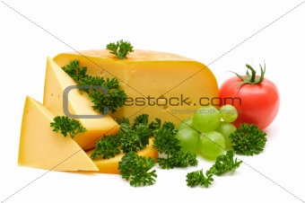 cheese and greens on white background