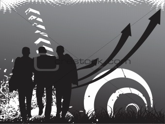 black background of arrows and silhouette three men, wallpaper