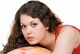 Portrait of the young beauty woman lays on pillow. Isolated 2