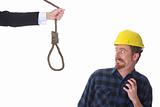 confused construction worker looking at gallows