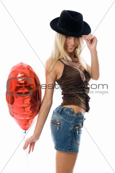 Beautiful fashion woman  with a red party balloon.