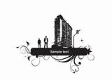 black silhouette of city and two men with floral elements and place for text