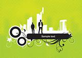 floral city and man green dotted background, poster