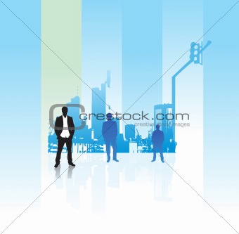 male silhouette standing on floor on urban city background