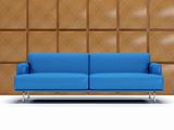 Blue sofa and wood panels