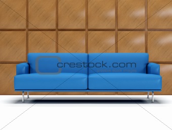 Blue sofa and wood panels