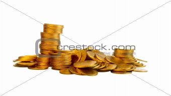 Money, gold coins on white