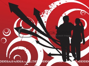 red halftone background with arrows and silhouette couple, wallpaper