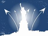 silhouette statue of liberty and night elements, blue texture