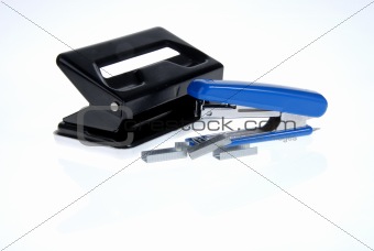 stapler, staples and hole punch