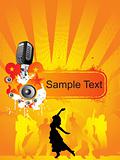 microphone and dancing girl on music background, yellow banner
