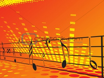 music background with different notes, orange banner