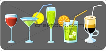 Set of five different glasses with drinks