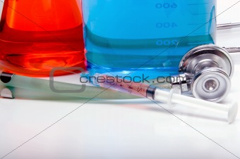 Medical Beakers Syringe and Stethoscope