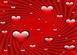 Multiple hearts on a red swirl background