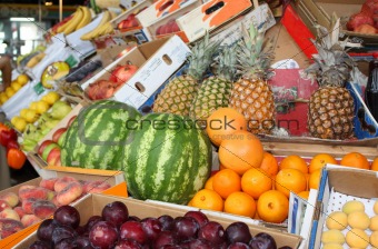 Bright tropical fruit on a market counter