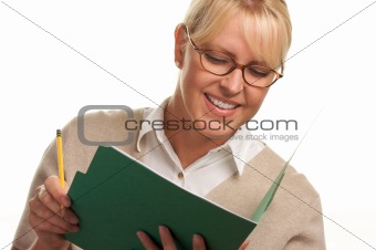 Beautiful Woman with Pencil and Folder Isolated on White.