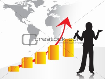 world map background and business woman with graph, wallpaper