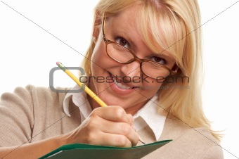 Beautiful Woman with Pencil and Folder Isolated on White.
